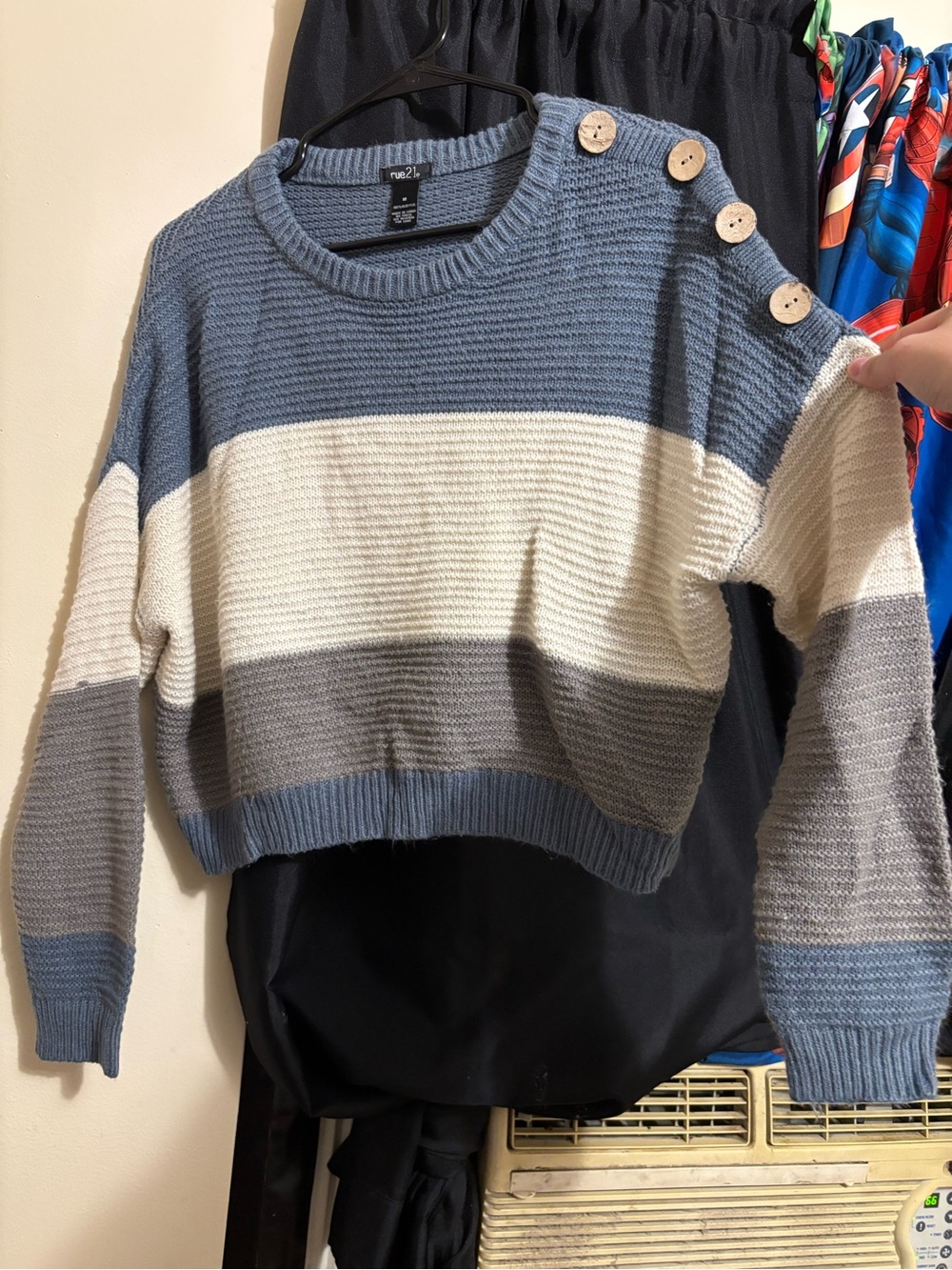 Rue21 Blue, Cream & Gray Striped Button-Shoulder Sweater